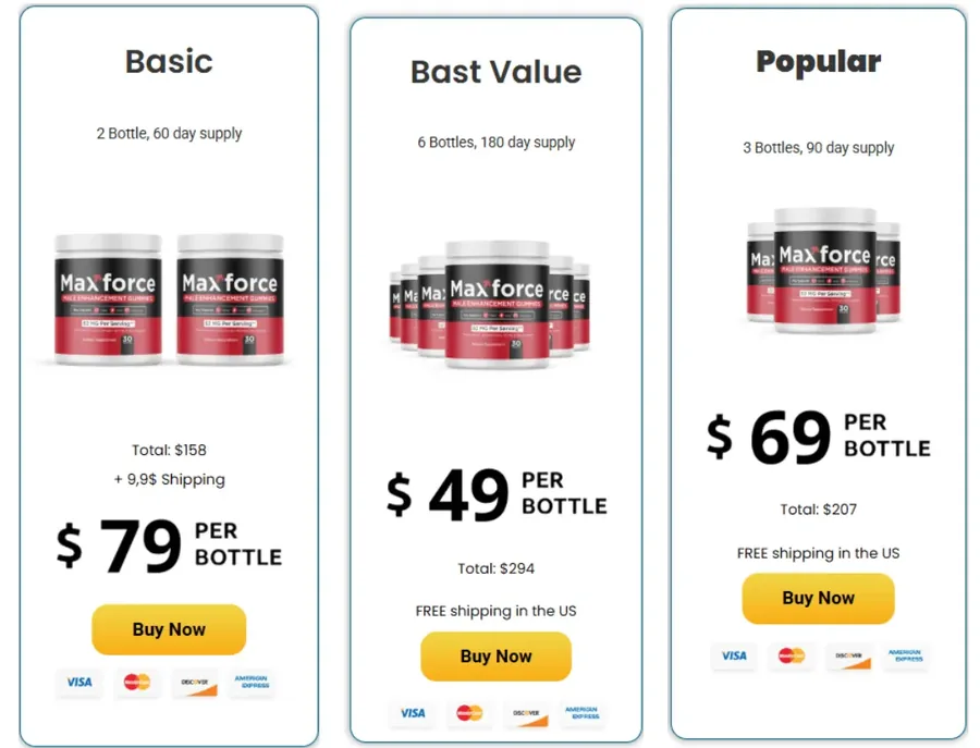 MaxForce packages: 2 bottles $79 each, 6 bottles $49 each, 3 bottles $69 each